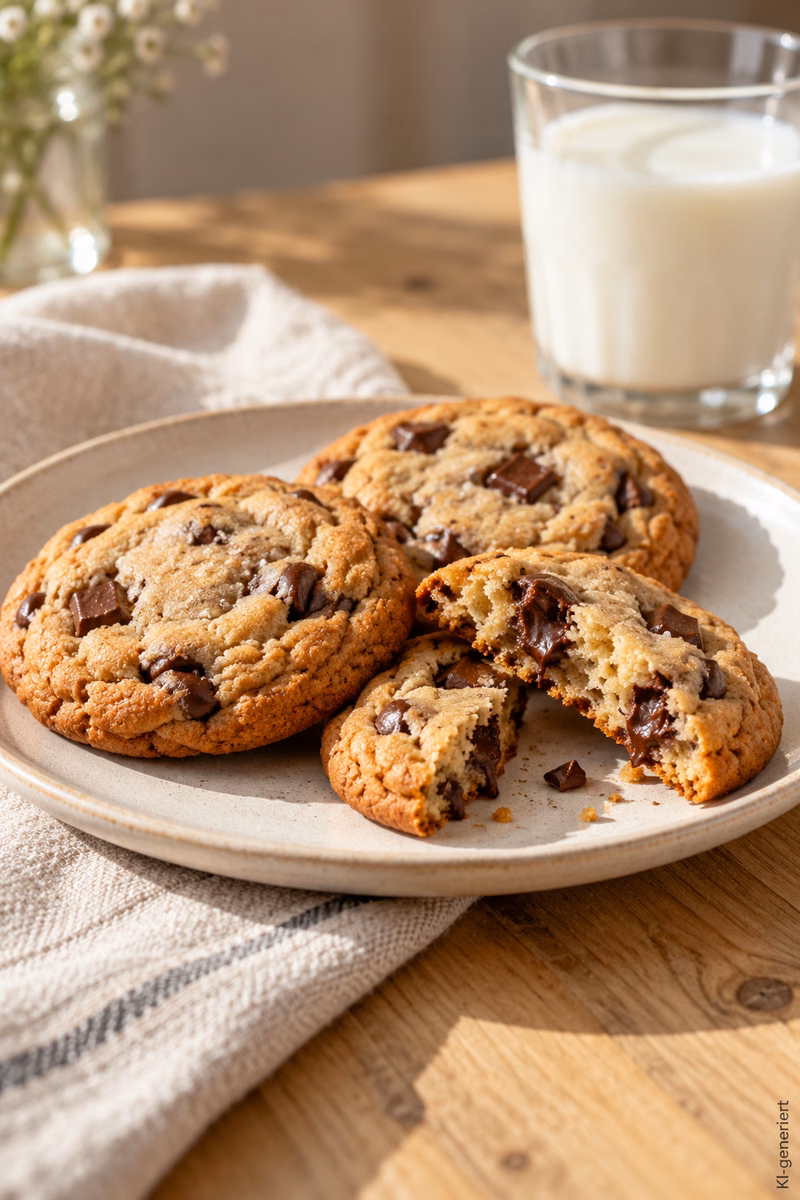 Chocolate-Chip-Cookies einfach selber machen 8 Aufgebrochener Chocolate-Chip-Cookie mit Schokostückchen auf einem Teller