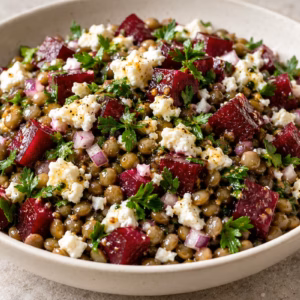Rote-Beete-Linsen-Salat mit Feta und Petersilie in einer hellen Schüssel
