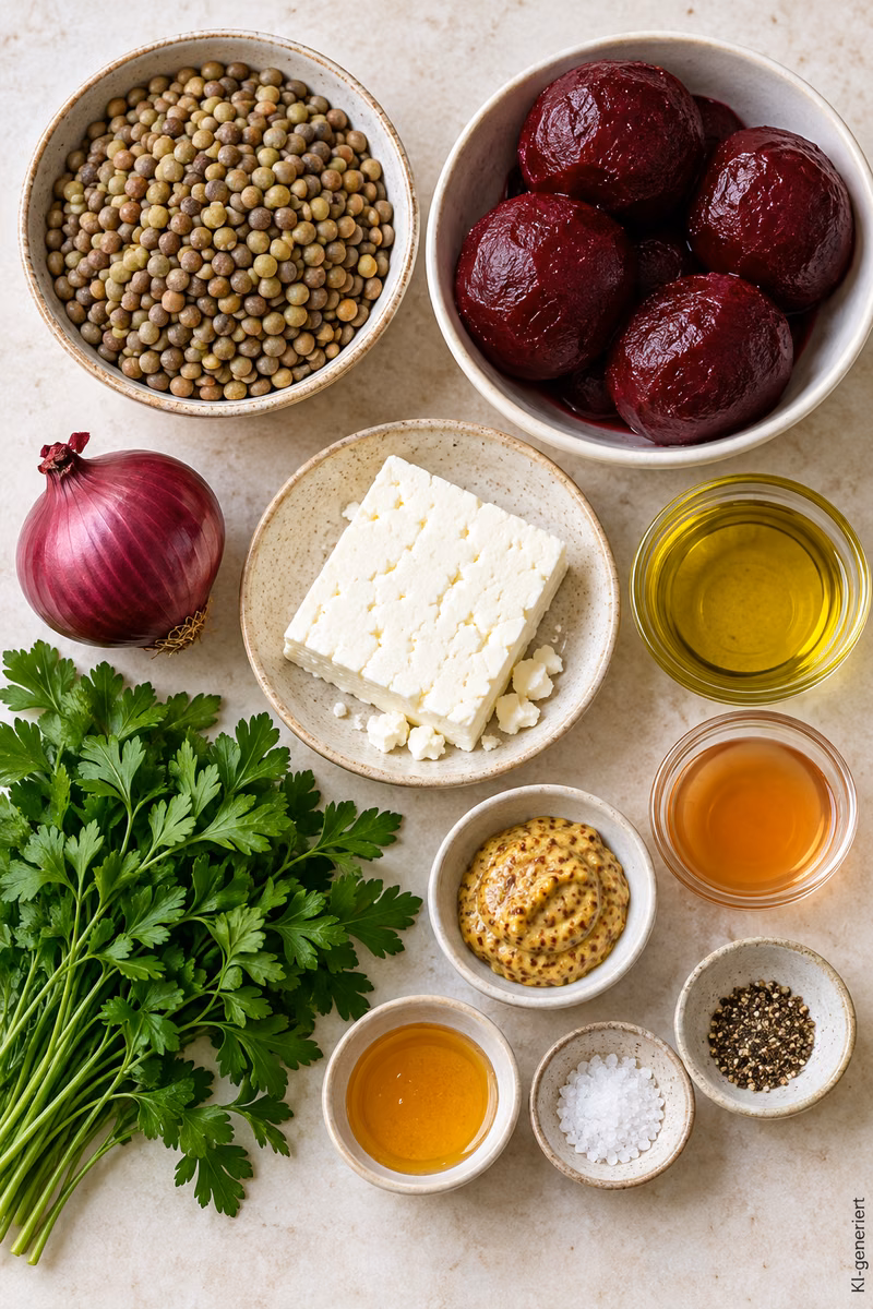 Zutaten für Linsensalat mit Roter Bete, Feta und Senfdressing auf einer Arbeitsfläche