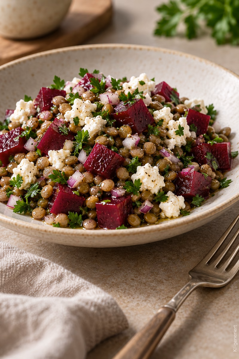 Angerichteter Rote-Beete-Linsen-Salat mit zerbröseltem Feta auf einem Teller